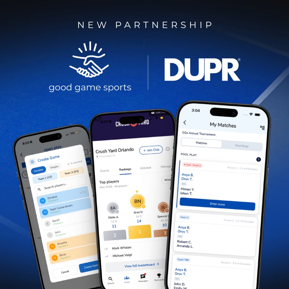 New partnership: Good Game Sports and DUPR, with app screens showing game creation, club rankings, and match scoring