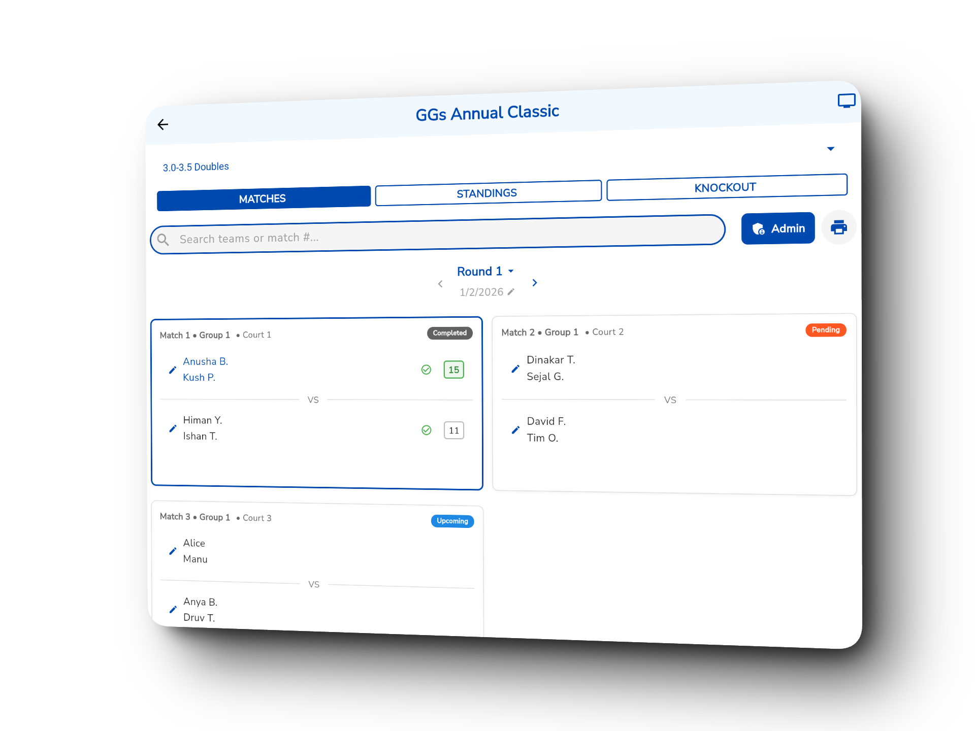 Good Game Sports dashboard showing tournament brackets and match management