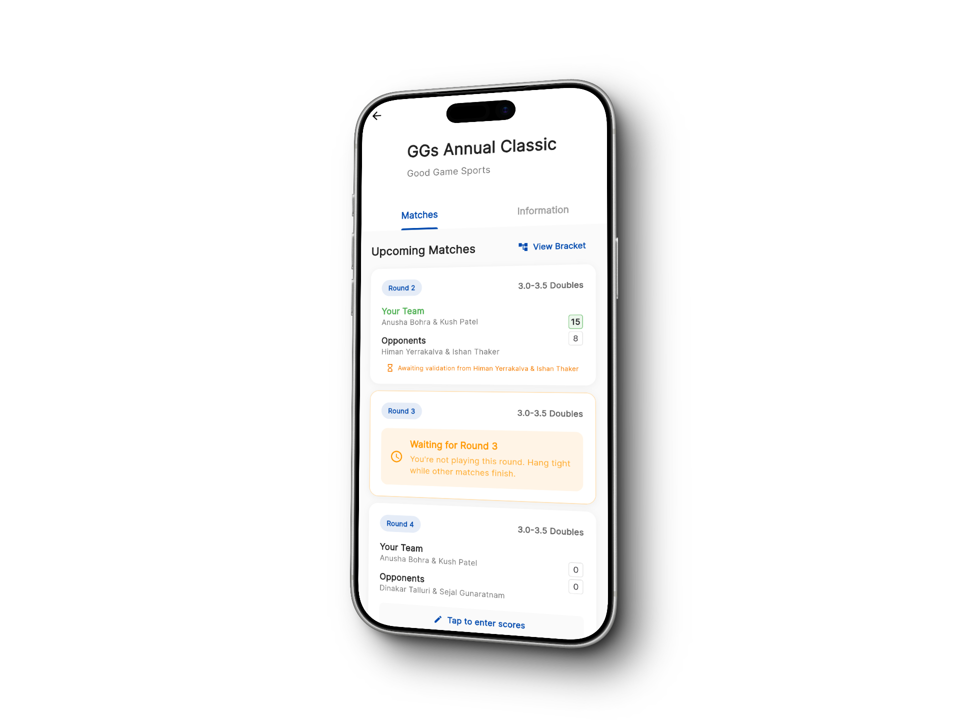 Good Game Sports mobile app showing player match queue