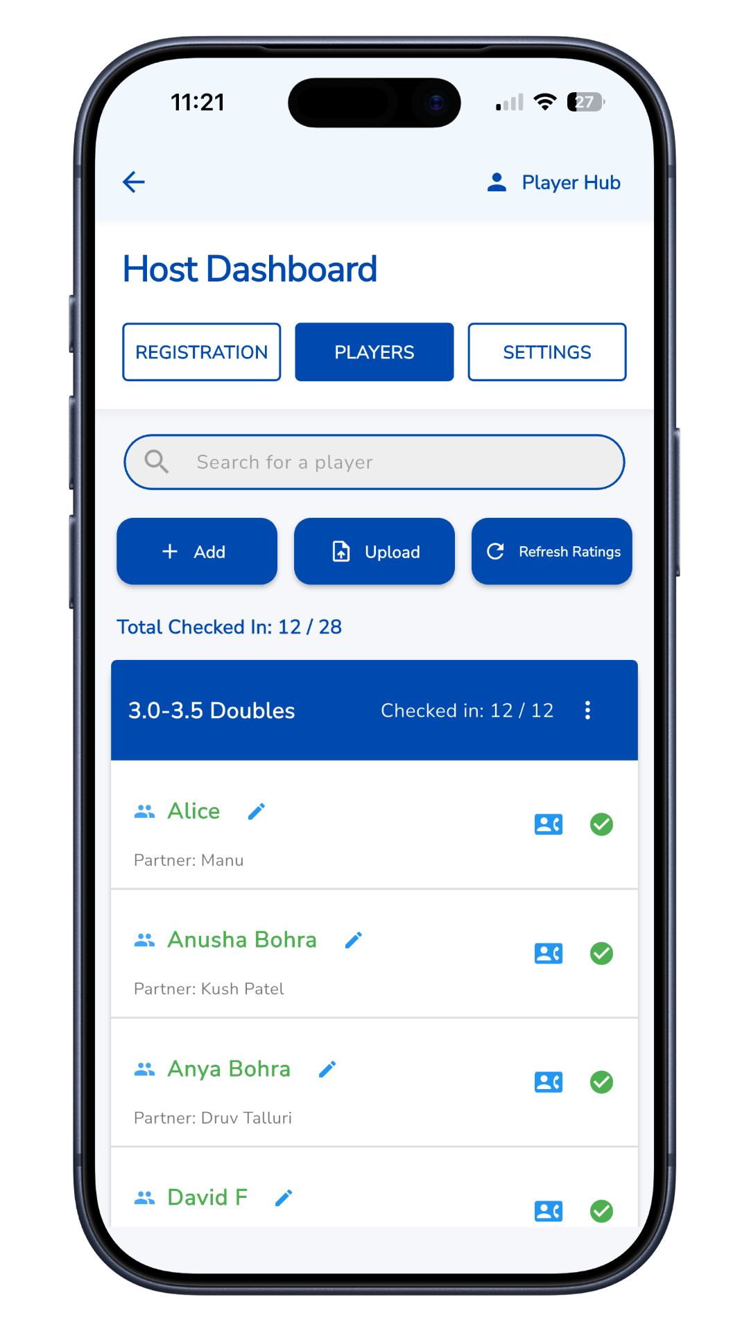 Player check-ins and details